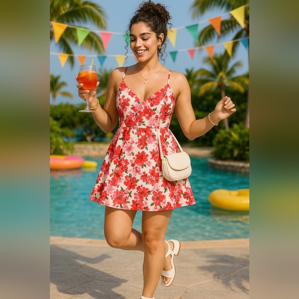Spring Wedding Guest Sundress Cruise Floral Medium Mini Red Tropical Babydoll